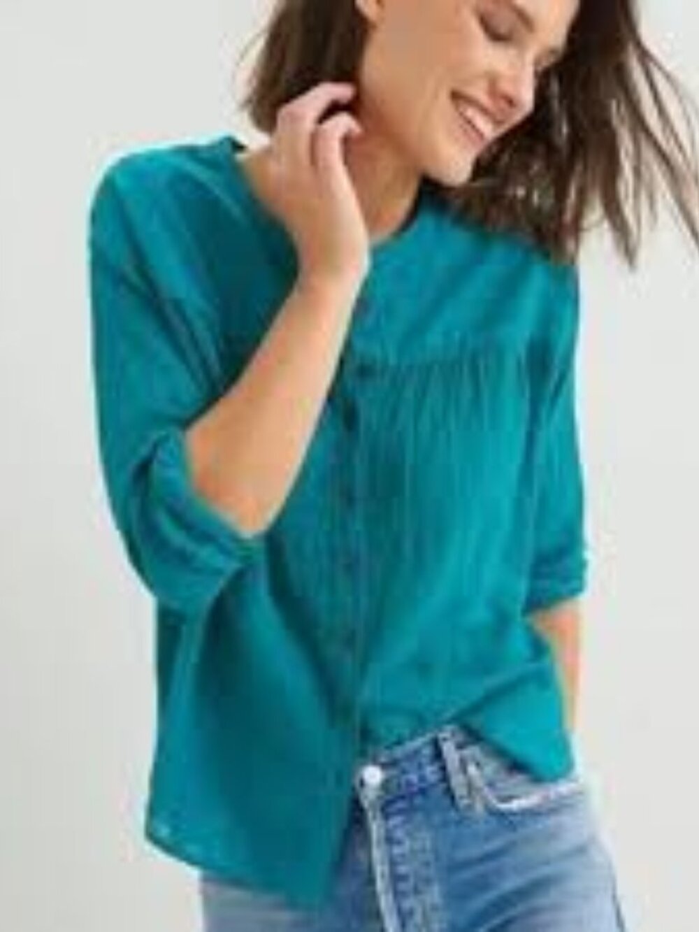ANTHROPOLOGIE Pilcro Mila Draped Swiss Dot Button Down 100% Cotton Top Teal, Med